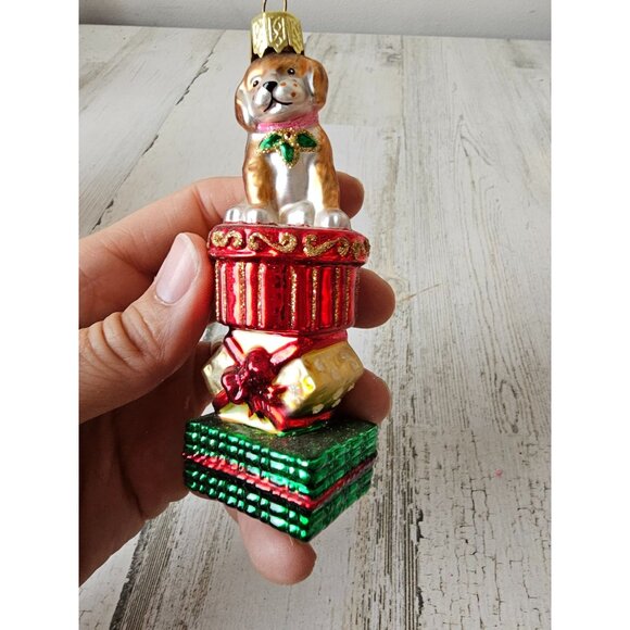 Glass dog puppy present ornament glitter Red Gold Xmas tree - Picture 8 of 8